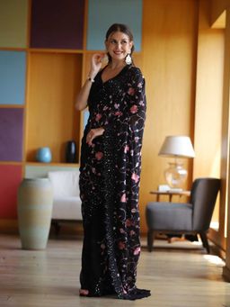 Odette - Black Georgette Embroidery Saree with Unstitched Blouse