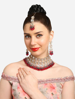 Zaveri Pearls - Rani Pink Green Crystal Stones Beads Necklace Earring & Maangtikka Set