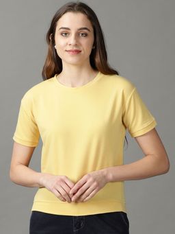 SHOWOFF - Womens Half Sleeves Round Neck Yellow Solid T-Shirt