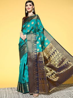 Odette - Silk Blend Teal Blue Woven Design Saree with Unstitched Blouse