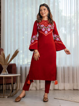 Rustorange - Maroon Acrylic Floral Kurta With Flared Sleeves