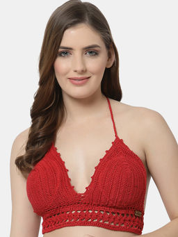 Velvery - Handmade Halter Neck Padded Bralette Crop Top - Red