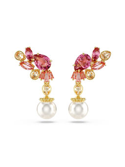 SWAROVSKI - Gema Crystal Pearls Pink Flower Gold Plated Drop Earrings