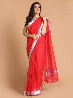 Indethnic - Kota Red Solid Work Wear Saree With Unstitched Blouse