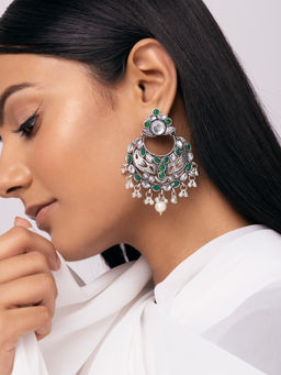 Indya - Oxidized Green White Round Stone Drop Dangler Earrings