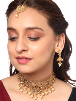 Yellow Chimes - Gold Plated Off-White Beads Choker Necklace with Maang Tikka (Set of 3)