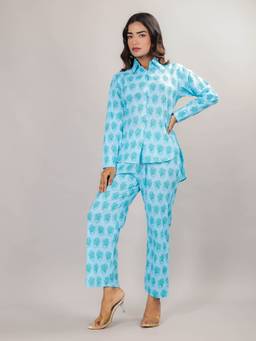 House of Gulab - Blue Bird Print Cotton Lounge Wear Set