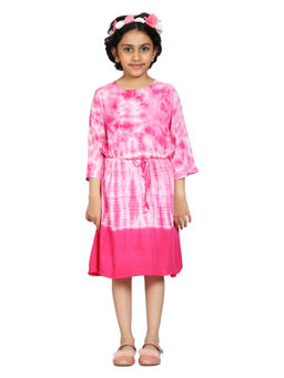 KiddoPanti - Pink & White Girls 3/4th Sleeve Tie And Dye Dress With Dori