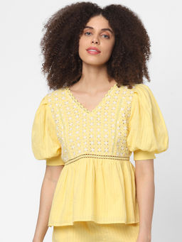 ONLY - Women Embroidered Yellow Casual Top