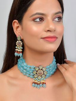 Silvermerc Designs - Blue Monalisa Kundan Jewellery Set ( Set of 2)