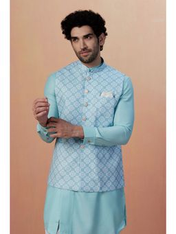 Manyavar - Blended Viscose Blue Sleeveless Mandarin Collar Nehru Jacket