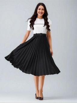 Twenty Dresses by Nykaa Fashion - Womens Black Solid Crepe Calf Length Dress with Belt