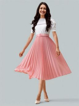 Twenty Dresses by Nykaa Fashion - Womens Pink Solid Crepe Calf Length Dress with Belt