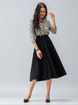 Twenty Dresses by Nykaa Fashion - Womens Black Floral Crepe Calf Length Dress with Belt