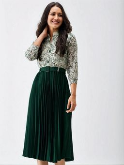 Twenty Dresses by Nykaa Fashion - Womens Green Floral Crepe Calf Length Dress with Belt