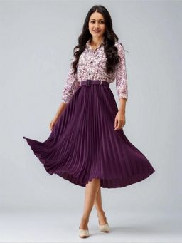 Twenty Dresses by Nykaa Fashion - Womens Wine Floral Crepe Calf Length Dress with Belt