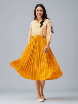 Twenty Dresses by Nykaa Fashion - Womens Yellow Floral Crepe Calf Length Dress with Belt