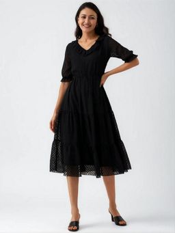 Twenty Dresses by Nykaa Fashion - Womens Black Self Design Crepe Calf Length Dress