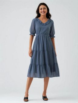 Twenty Dresses by Nykaa Fashion - Womens Greyish Grey Self Design Crepe Calf Length Dress