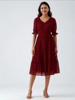 Twenty Dresses by Nykaa Fashion - Womens Maroon Self Design Crepe Calf Length Dress