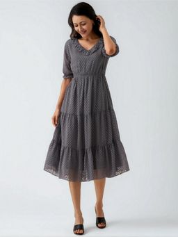 Twenty Dresses by Nykaa Fashion - Womens Steel Grey Self Design Crepe Calf Length Dress