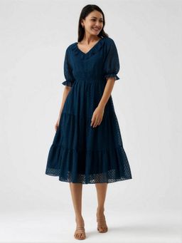 Twenty Dresses by Nykaa Fashion - Womens Teal Blue Self Design Crepe Calf Length Dress