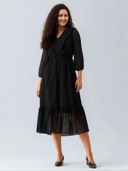 Twenty Dresses by Nykaa Fashion - Womens Black Self Design Crepe Calf Length Dress