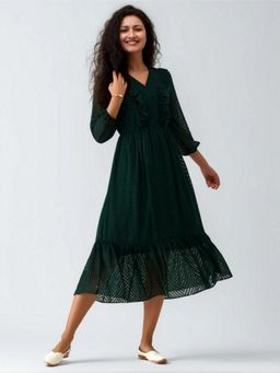 Twenty Dresses by Nykaa Fashion - Womens Green Self Design Crepe Calf Length Dress