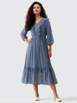 Twenty Dresses by Nykaa Fashion - Womens Greyish Blue Self Design Crepe Calf Length Dress