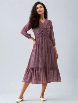 Twenty Dresses by Nykaa Fashion - Womens Greyish Mauve Self Design Crepe Calf Length Dress