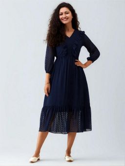 Twenty Dresses by Nykaa Fashion - Womens Navy Blue Self Design Crepe Calf Length Dress