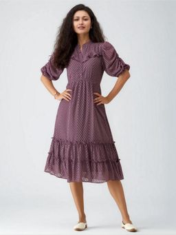 Twenty Dresses by Nykaa Fashion - Womens Greyish Purple Self Design Crepe Calf Length Dress