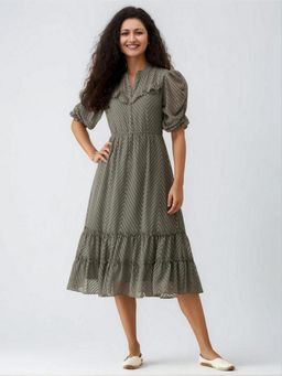 Twenty Dresses by Nykaa Fashion - Womens Grey Self Design Crepe Calf Length Dress