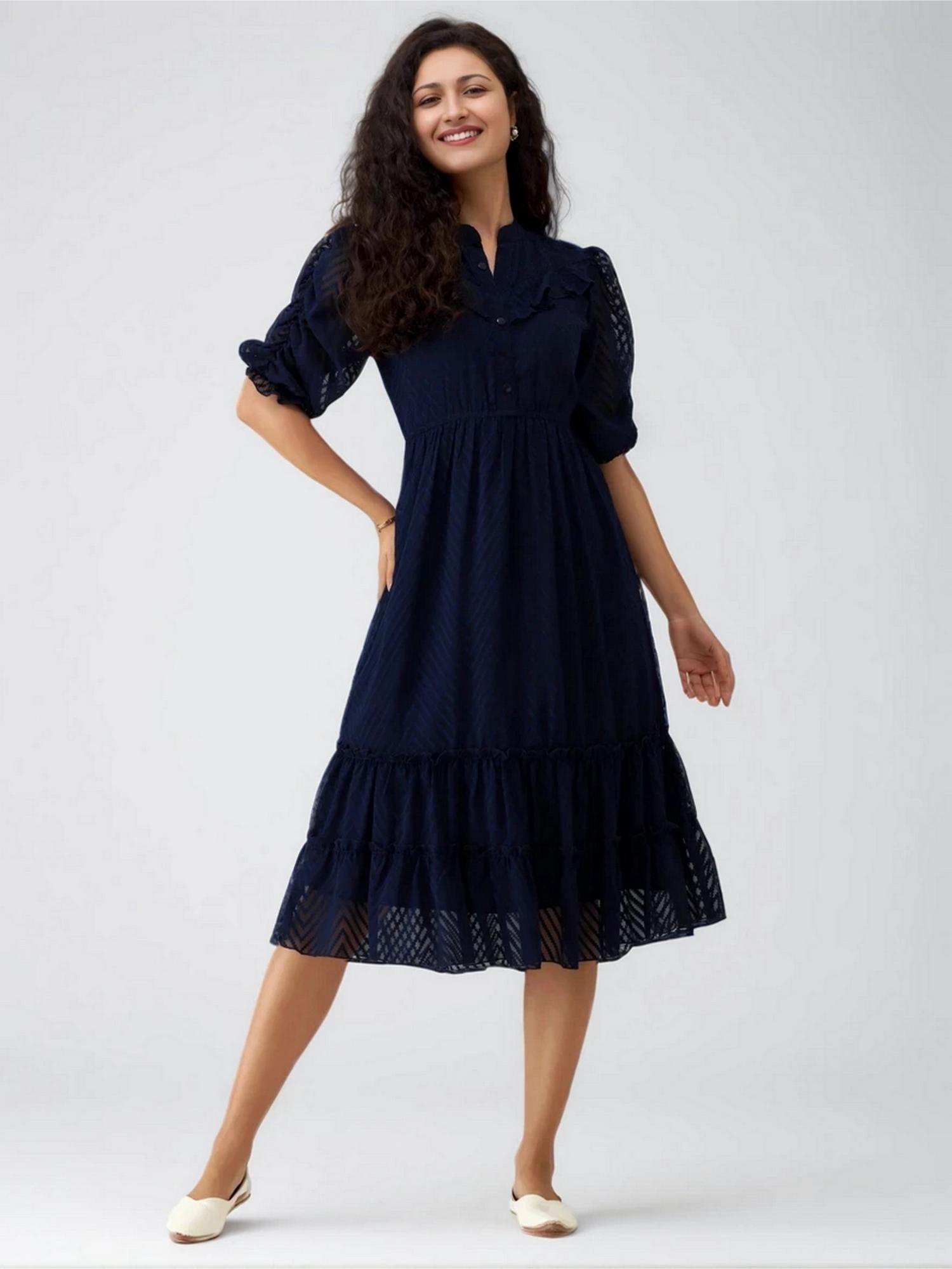 Womens Navy Blue Self Design Crepe Calf Length Dress-image-17