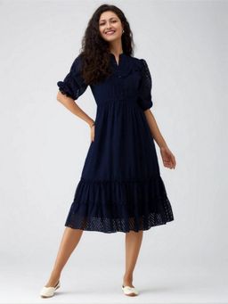 Twenty Dresses by Nykaa Fashion - Womens Navy Blue Self Design Crepe Calf Length Dress