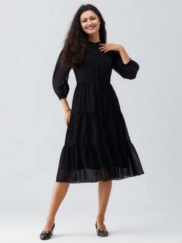 Twenty Dresses by Nykaa Fashion - Womens Black Self Design Crepe Calf Length Dress
