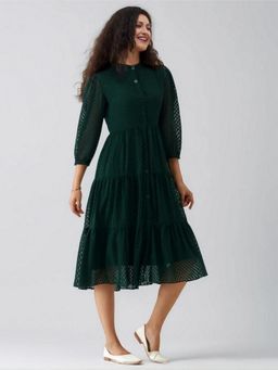 Twenty Dresses by Nykaa Fashion - Womens Green Self Design Crepe Calf Length Dress