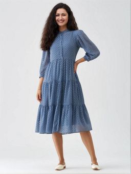 Twenty Dresses by Nykaa Fashion - Womens Greyish Blue Self Design Crepe Calf Length Dress