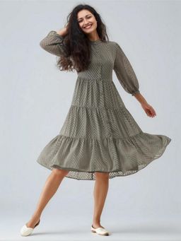 Twenty Dresses by Nykaa Fashion - Womens Grey Self Design Crepe Calf Length Dress