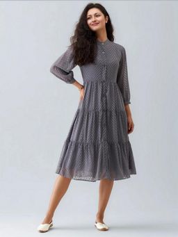 Twenty Dresses by Nykaa Fashion - Womens Steel Grey Self Design Crepe Calf Length Dress
