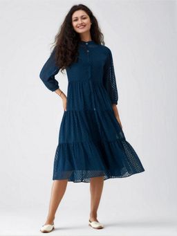 Twenty Dresses by Nykaa Fashion - Womens Teal Blue Self Design Crepe Calf Length Dress