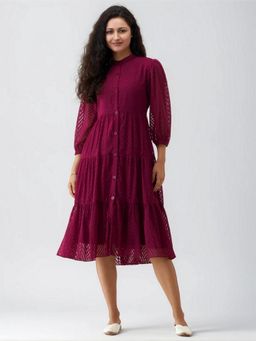 Twenty Dresses by Nykaa Fashion - Womens Wine Self Design Crepe Calf Length Dress
