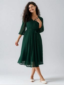 Twenty Dresses by Nykaa Fashion - Womens Green Self Design Crepe Calf Length Dress with Belt