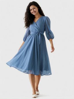 Twenty Dresses by Nykaa Fashion - Womens Greyish Blue Self Design Calf Length Dress with Belt