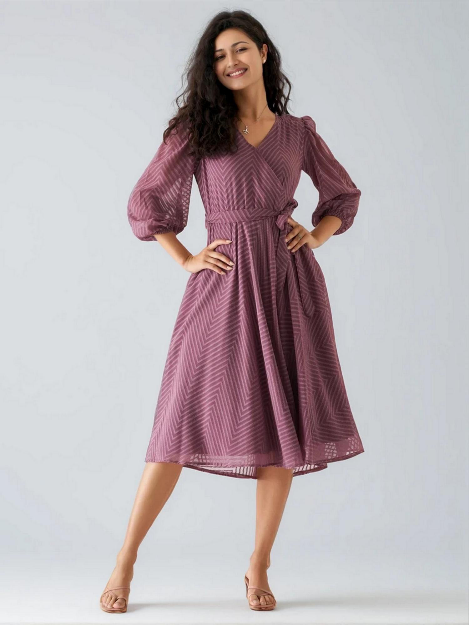 Womens Greyish Mauve Self Design Calf Length Dress with Belt-picture-35
