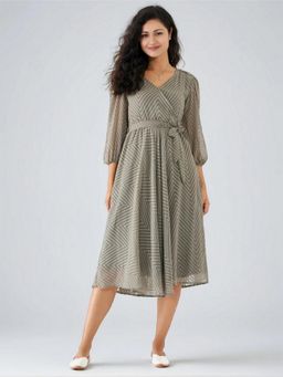 Twenty Dresses by Nykaa Fashion - Womens Grey Self Design Crepe Calf Length Dress with Belt