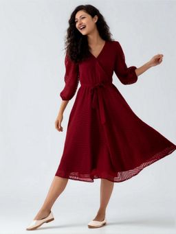 Twenty Dresses by Nykaa Fashion - Womens Maroon Self Design Crepe Calf Length Dress with Belt
