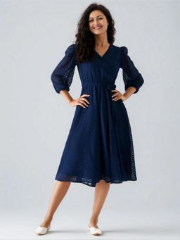 Twenty Dresses by Nykaa Fashion - Womens Navy Blue Self Design Crepe Calf Length Dress with Belt