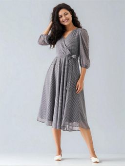 Twenty Dresses by Nykaa Fashion - Womens Steel Grey Self Design Calf Length Dress with Belt