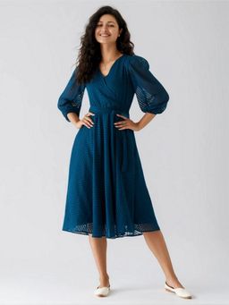 Twenty Dresses by Nykaa Fashion - Womens Teal Blue Self Design Calf Length Dress with Belt